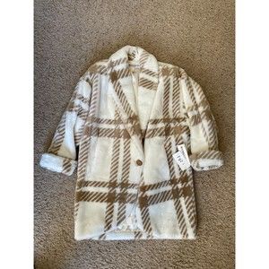 Vintage DonnyBrook Small Oversized Over Coat White & Beige Plaid Faux Fur 1970s